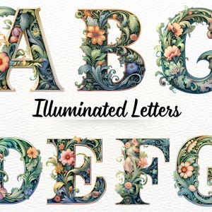 Op de afbeelding: Verlichte letters A, B, C, D, E, F en G, elk met ingewikkelde bloemen- en bladerpatronen in groen, blauw, perzik en goud. De letters zijn decoratief en sierlijk. De woorden "Illuminated Letters" staan in zwart script onder de letters.