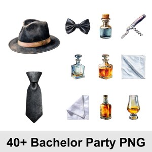 May include: Watercolor illustration of bachelor party accessories. Includes a black fedora with a brown band, a black bow tie, a black tie, bottles, a corkscrew, a handkerchief, and a whiskey glass. Text at the bottom reads "40+ Bachelor Party PNG".
