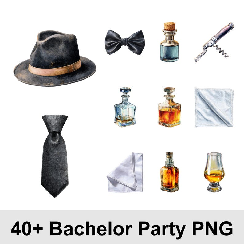 May include: Watercolor illustration of bachelor party accessories. Includes a black fedora with a brown band, a black bow tie, a black tie, bottles, a corkscrew, a handkerchief, and a whiskey glass. Text at the bottom reads "40+ Bachelor Party PNG".