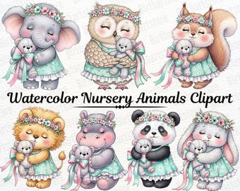 Watercolor Baby Animal Clipart Bundle, Cute Nursery Animal PNG Set, Floral Baby Animals Clipart Commercial Use Baby Clipart Instant Download