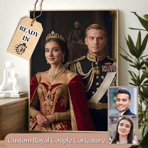 Koninklijk portret paar, aangepast portret koningin en koning, renaissanceportret, verjaardagscadeau koninklijk paar, gepersonaliseerde kunst koningspaar