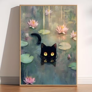 Monet Waterlily Cat, Impressionist Cat Print, Monet Style Cat Decor, Cute Cat Lover Wall Art, Whimsical Cat Art Print, Pet Lover Monet Print