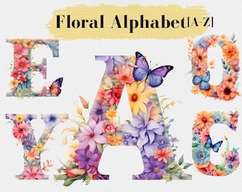 Floral Alphabet Clipart, Floral Letter Monogram, Floral Initial, Alphabet Png, A-Z Floral Letters, Nursery Decor Scrapbooking Commercial Use