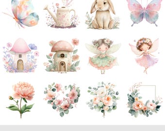 Paquete de imágenes prediseñadas PNG de hadas adorables, hadas en tonos pastel PNG, gráficos de jardín de hadas para cumpleaños de niñas (ilustración digital)