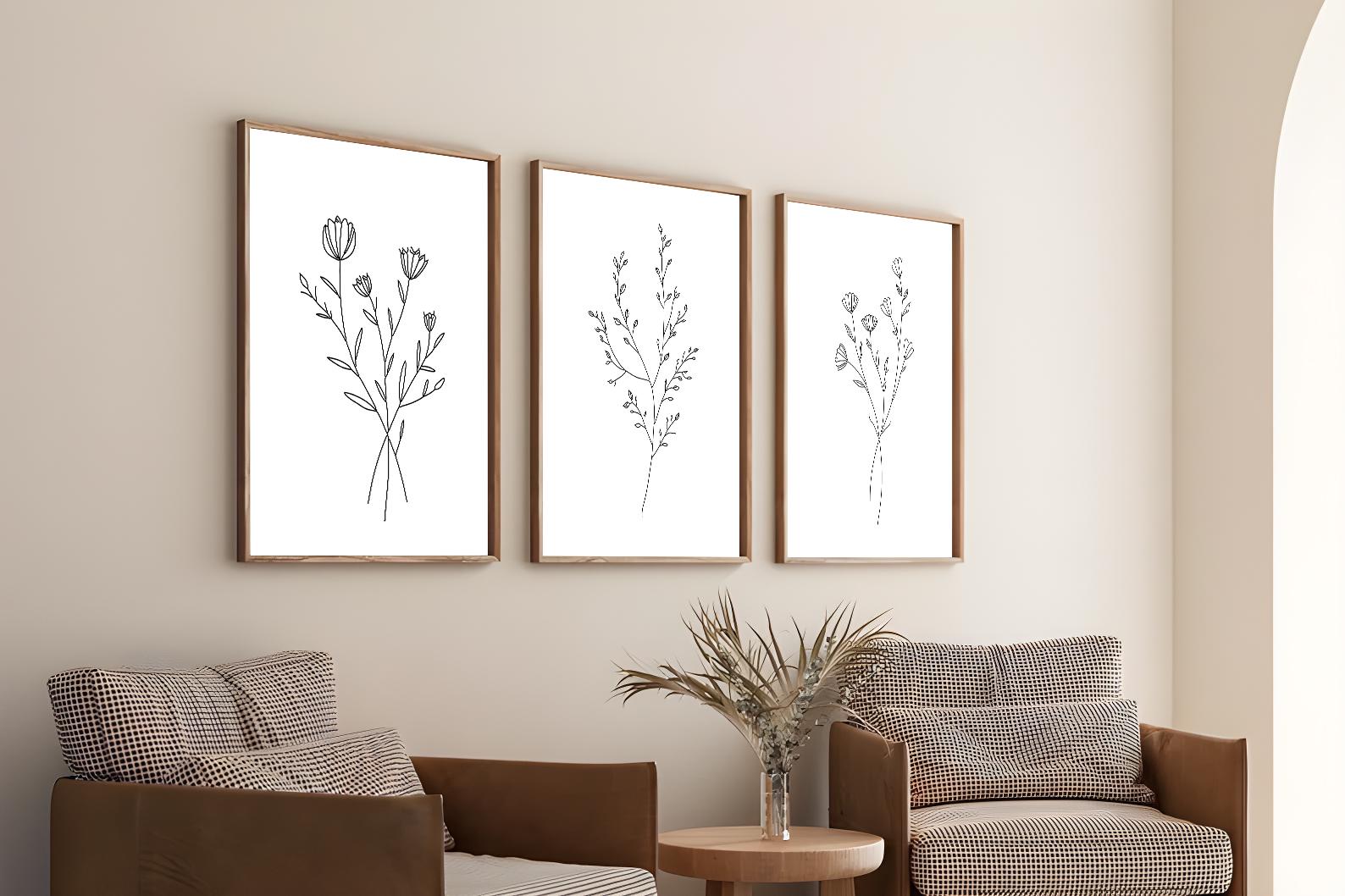 Flower Line Art, Set of 3 Botanical Prints, Neutral Floral Decor, Wall ...