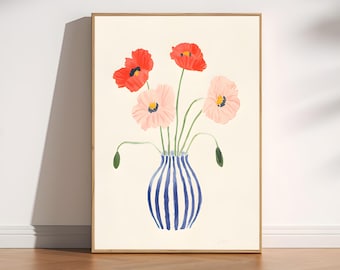 Pink Poppies Print, Printable Flower Wall Art, Modern Botanical Art, Art Print for Living Room, Boho Poppy Art Print, Rustic Flower Print