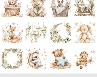 Boho Baby Shower Clipart PNG, Baby Shower Graphics PNG Clipart Bundle, Boho Animal PNG Transparent Background, Nursery Boho Bundle