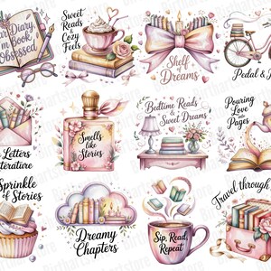 Pode incluir: Ilustra&ccedil;&otilde;es em aquarela de itens com tema de livros, incluindo um livro aberto com uma caneta, &oacute;culos, uma x&iacute;cara de caf&eacute;, uma bicicleta e um frasco de perfume. O texto inclui "Dear Diary, I'm Book Obsessed" e "Smells like Stories".