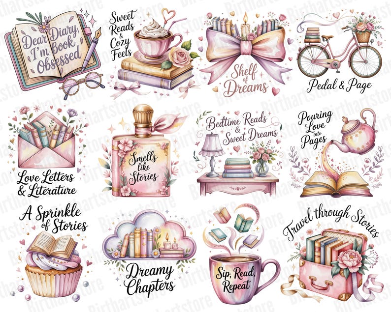 Pode incluir: Ilustra&ccedil;&otilde;es em aquarela de itens com tema de livros, incluindo um livro aberto com uma caneta, &oacute;culos, uma x&iacute;cara de caf&eacute;, uma bicicleta e um frasco de perfume. O texto inclui "Dear Diary, I'm Book Obsessed" e "Smells like Stories".