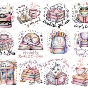 Pode incluir: Uma cole&ccedil;&atilde;o de ilustra&ccedil;&otilde;es em aquarela com livros, gatos e ch&aacute;. As imagens incluem uma m&aacute;quina de escrever rosa, uma pilha de livros com &oacute;culos e um sapo lendo. O texto inclui "Dear Books, I love you".