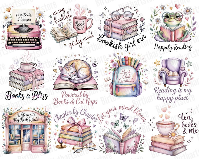 Pode incluir: Uma cole&ccedil;&atilde;o de ilustra&ccedil;&otilde;es em aquarela com livros, gatos e ch&aacute;. As imagens incluem uma m&aacute;quina de escrever rosa, uma pilha de livros com &oacute;culos e um sapo lendo. O texto inclui "Dear Books, I love you".
