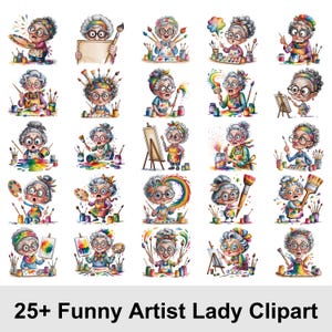 May include: A collection of watercolor clipart featuring a cartoon artist lady in various poses. The artist is depicted with glasses, a colorful outfit, and a paintbrush or palette. The text "25+ Funny Artist Lady Clipart" is at the bottom.