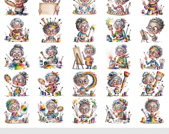 アーティストユーモアクリップアート印刷可能PDF、面白いアーティストPNG学習フラッシュカード、女性画家クリップアート教育用印刷物、クリエイティブな女性ユーモア