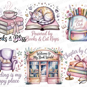 Pode incluir: Ilustra&ccedil;&otilde;es em aquarela com livros, gatos e elementos relacionados &agrave; leitura. Inclui uma pilha de livros com uma x&iacute;cara de ch&aacute;, um gato dormindo em um livro, uma mochila com livros, uma poltrona, uma livraria e uma pilha de livros com &oacute;culos. O texto inclui "Books & Bliss".