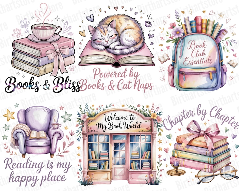 Pode incluir: Ilustra&ccedil;&otilde;es em aquarela com livros, gatos e elementos relacionados &agrave; leitura. Inclui uma pilha de livros com uma x&iacute;cara de ch&aacute;, um gato dormindo em um livro, uma mochila com livros, uma poltrona, uma livraria e uma pilha de livros com &oacute;culos. O texto inclui "Books & Bliss".