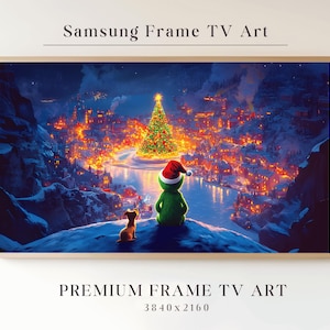 Puede incluir: Una impresión de arte digital que representa una escena invernal nevada con un árbol de Navidad, un perro pequeño y una figura verde con un gorro de Papá Noel. La escena está iluminada con luces parpadeantes y el texto "Samsung Frame TV Art" está en la parte superior de la imagen.