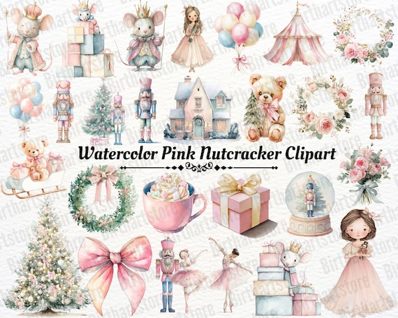 Pink Nutcracker Clipart, Nutcracker Clip Art Bundle, Pink Watercolor PNG, Ballerina Christmas Art for Crafts, Pink Xmas Decor