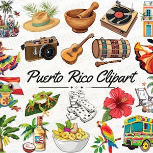 Puerto Rico Clipart Bundle • 30 Tropical Island Graphics • Coqui Frog Flag Palm Trees • Caribbean Culture PNG • Commercial Instant Download