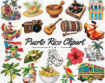 Paquete de imágenes prediseñadas de Puerto Rico • 30 gráficos de islas tropicales • Bandera de rana coquí y palmeras • PNG de cultura caribeña • Descarga comercial instantánea