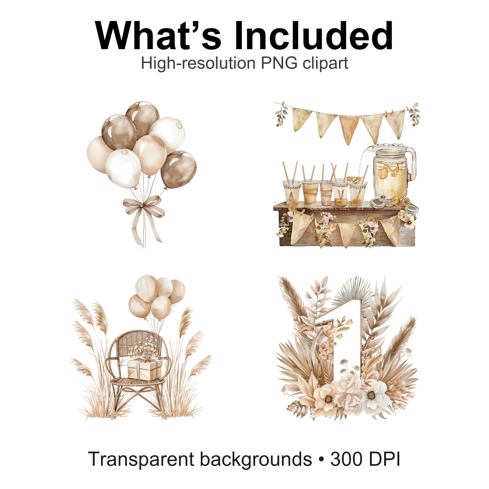 Boho Birthday Clipart PNG Bundle | Whimsical Watercolor Party Decor ...