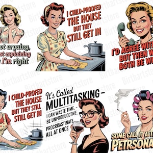 Rolig retro hemmafru PNG-paket | 40 sarkastiska vintage clipart-designer för sublimering | Kommersiell t-shirtdesign digital nedladdning bild 8