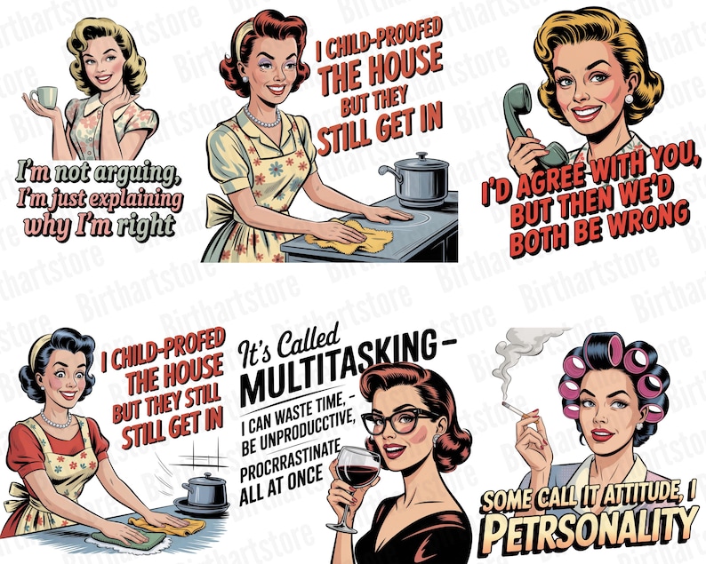 Rolig retro hemmafru PNG-paket | 40 sarkastiska vintage clipart-designer för sublimering | Kommersiell t-shirtdesign digital nedladdning bild 8