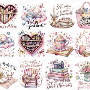 Pode incluir: Uma cole&ccedil;&atilde;o de ilustra&ccedil;&otilde;es em aquarela com livros, cora&ccedil;&otilde;es, borboletas e elementos florais. Cada design inclui texto como "Stories I Adore", "Lost in a good book" e "Bookish & Blooming". A paleta de cores &eacute; suave, com rosas, roxos e past&eacute;is.