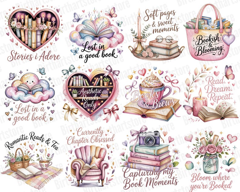 Pode incluir: Uma cole&ccedil;&atilde;o de ilustra&ccedil;&otilde;es em aquarela com livros, cora&ccedil;&otilde;es, borboletas e elementos florais. Cada design inclui texto como "Stories I Adore", "Lost in a good book" e "Bookish & Blooming". A paleta de cores &eacute; suave, com rosas, roxos e past&eacute;is.