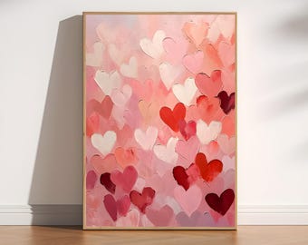 Pastelroze rood hart print, Valentijnsdag decor, retro romantische liefde kunst aan de muur, girly esthetische slaapzaal kunst, digitale download