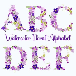 Floral Alphabet Clipart, Lavanda Letter Graphics, Aquarela Floral Letters, Purple Alphabet Printable, Scrapbooking Alphabet, Letras Png