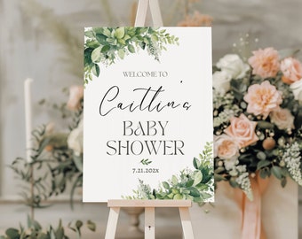 Babyparty Willkommensschild Vorlage, bearbeitbares druckbares neutrales Boho Eukalyptus Greenery Design, personalisiertes Salbeigründekor