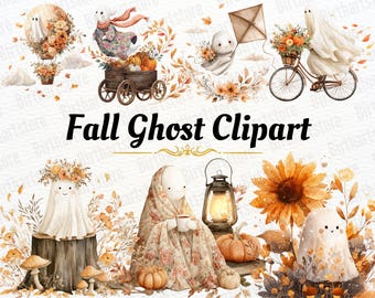 Clipart di fantasmi autunnali / Fantasmi floreali boho vintage / Illustrazioni di Halloween (Download digitale)