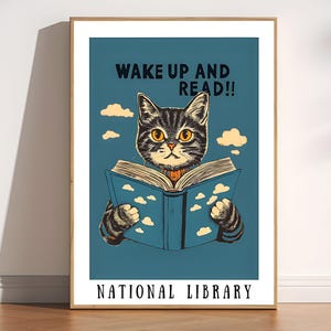 cat book poster, Cat and Book Lover Wall Art, Cozy Library Decor, Cat Themed Illustration, Cat Reading Art, Bookworm Graphics, Cat Art Print