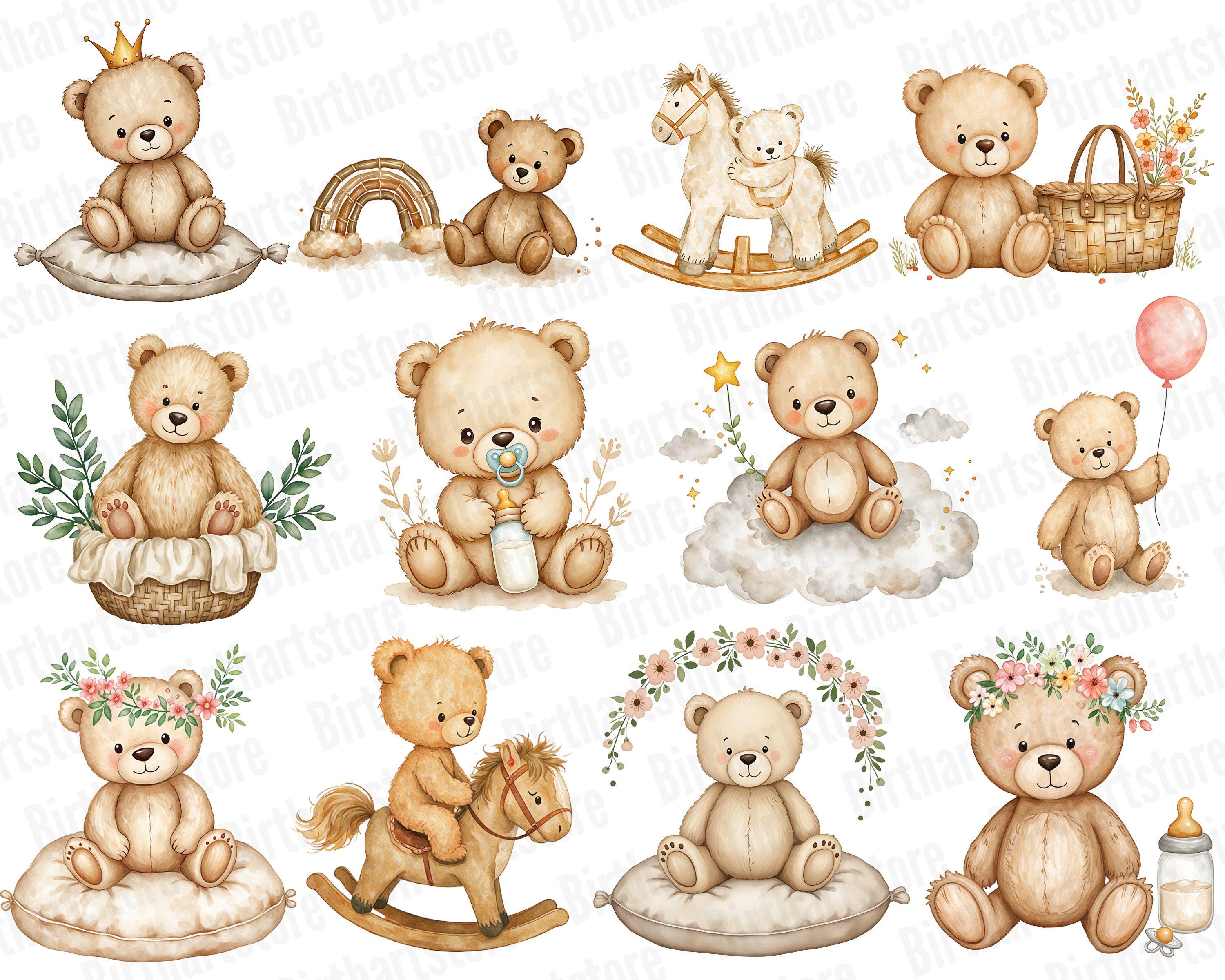 Boho Baby Shower Clipart Bundle • 50 Watercolor Neutral Teddy Bear PNG ...