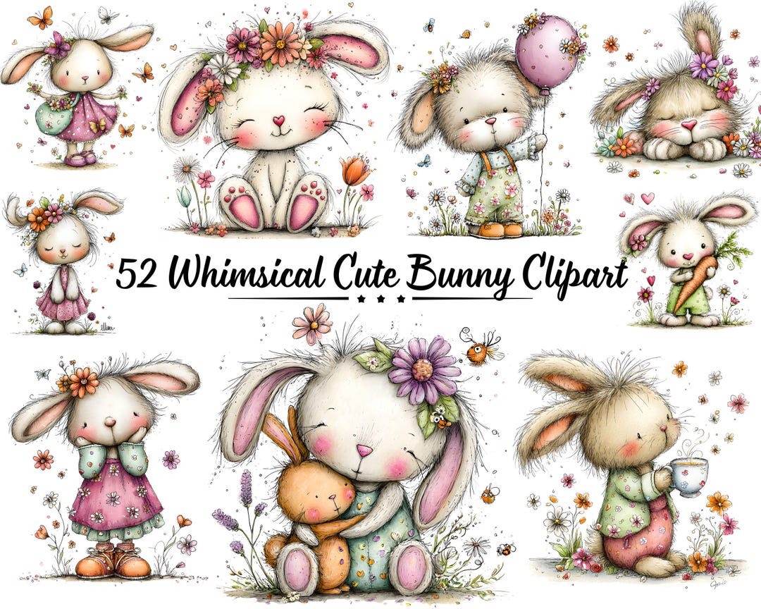 Whimsical Bunny Clipart PNG, Cute Watercolor Rabbits, Floral Pastel ...