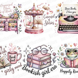 Pode incluir: Ilustra&ccedil;&otilde;es em aquarela com um carrossel rosa, uma m&aacute;quina de escrever com o texto "Dear Books, I love you" e um sapo lendo um livro. Outras imagens incluem uma estante, uma caneca e uma pilha de livros.