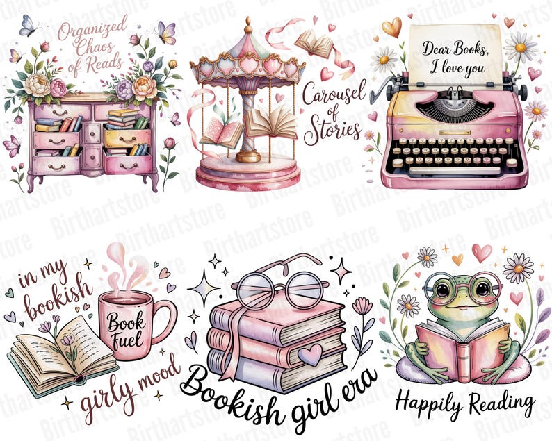 Pode incluir: Ilustra&ccedil;&otilde;es em aquarela com um carrossel rosa, uma m&aacute;quina de escrever com o texto "Dear Books, I love you" e um sapo lendo um livro. Outras imagens incluem uma estante, uma caneca e uma pilha de livros.