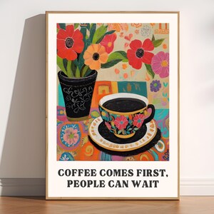 Ale najpierw kawa na ścianę, retro wydruk kuchenny z kawą, sztuka ścienna do kawiarni, sztuka kuchenna z espresso, plakat z kawą w stylu vintage, wystrój dla miłośników kawy