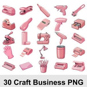 May include: A collection of 30 pink craft business PNG images, including a sewing machine, stapler, tape dispenser, scissors, and other tools. The images are arranged on a white background. The text at the bottom reads "30 Craft Business PNG."
