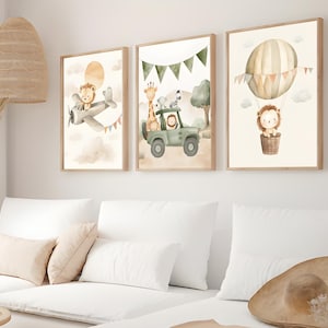Safari Nursery Decor, Hot Air Balloon Art, Safari Baby Room Art, Neutral Boho Animal Wall Art, Airplane Safari Wall Decor, Safari Adventure