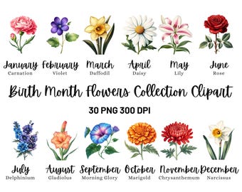 Birth Flower Tattoo Design Clipart & Custom Family Bouquet PNG Bundle, Watercolor Botanical Art for Personalized Gifts, Commercial Use