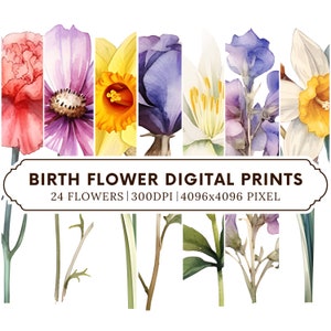 Birth Month Flower Digital Print, Birth Flowers Clipart Bundle, Watercolor Floral PNG Design, Birth Month Flowers Png, Botanical Clipart