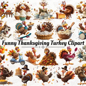 Könnte beinhalten: Eine Sammlung von Cartoon-Truthahn-Illustrationen in verschiedenen Posen, darunter Kochen, Skateboarden und das Spielen von Musikinstrumenten. Die Truthähne sind in leuchtenden Farben dargestellt und werden mit Thanksgiving in Verbindung gebracht.