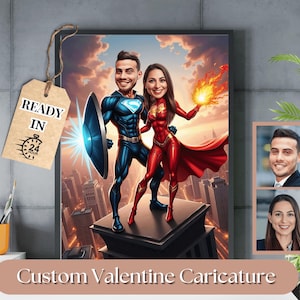 Caricatura de superhéroe, retrato de pareja de superhéroes, arte de pareja de Marvel, regalo de pareja estilo caricatura, retrato de San Valentín, regalo de aniversario