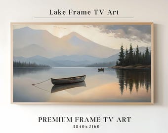 Samsung Frame TV Art, Coastal Lake Landscape with Sailboat, Rustic Seaside Digital Download, Country Wall Art for Frame TV, Rustic Art