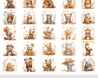 Niedlicher Bär Clipart Bundle, 35 Aquarell Waldbär PNGs, Teddybär Clipart für Baby-Dusche, Kinderzimmer-Kunst, kommerzielle Nutzung sofort download