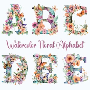 Clipart alfabeto acquerello, stampa digitale alfabeto, elegante clipart lettera, clipart alfabeto rustico, alfabeto floreale primaverile, clipart lettera
