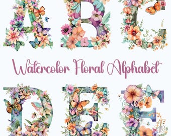 Watercolor Floral Alphabet Clipart, Boho Letter PNG, Rustic Alphabet Digital Print, Elegant Letter Clipart