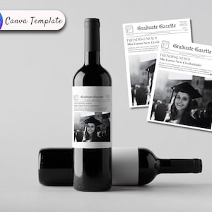 Thema verjaardagsfeestje krant, aangepaste foto wijnetiket, fotolabel Grad Celebration, gepersonaliseerde krant, cadeaulabel retro krant