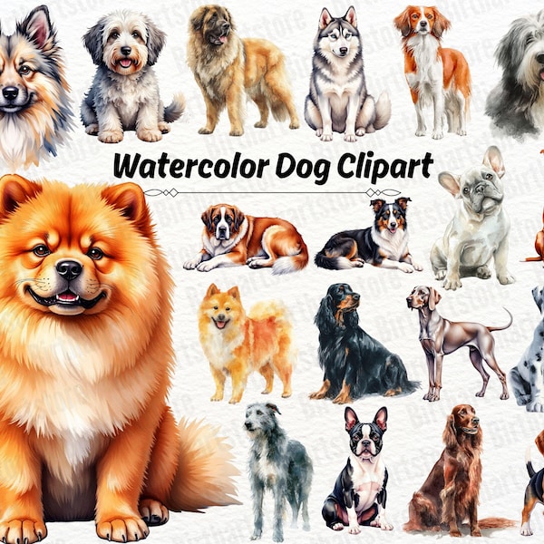 Akvarell hund Clipart | Valpkonstpaket | Hundrasersamling (digital nedladdning)